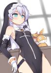  1girl aqua_eyes arm_support bangs bare_hips bare_shoulders black_dress blurry blurry_background blush breasts closed_mouth commentary_request cowboy_shot depth_of_field detached_sleeves dress eyebrows_visible_through_hair gloves hair_over_shoulder highres honkai_(series) honkai_impact_3rd kuro_(kuronell) leaning_back long_hair long_sleeves looking_down low_ponytail pelvic_curtain purple_hair small_breasts solo stuffed_toy table theresa_apocalypse veil white_gloves 