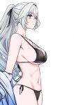  1girl absurdres beach bikeibikei bikini black_bikini breasts bronya_zaychik bronya_zaychik_(silverwing:_n-ex) commentary_request drill_hair from_side grey_eyes grey_hair hair_intakes highres honkai_(series) honkai_impact_3rd korean_commentary large_breasts long_hair midriff navel ocean simple_background solo swimsuit thighs very_long_hair white_background 