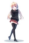  1girl :o absurdres ahoge arm_behind_back black_jacket black_shoes black_thighhighs blonde_hair blue_eyes blush breasts clenched_hand commentary dot_nose getsuyoshi hair_ornament hair_scrunchie hand_up heel_up highres itsumura_haruka jacket long_hair looking_at_viewer low_twintails medium_breasts parted_lips plaid_clothes plaid_skirt re:stage! red_skirt scrunchie shadow shoes simple_background skindentation skirt sleeves_past_wrists solo thighhighs twintails white_background white_scrunchie zettai_ryouiki zipper_pull_tab 