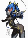  1girl animal_ears arched_back ass blue_hair bodysuit breasts cat_ears covered_nipples crotch_strap dark-skinned_female dark_skin fake_animal_ears impossible_bodysuit impossible_clothes looking_at_viewer open_mouth original red_eyes short_hair skin_tight small_breasts solo takada_kazuhiro 