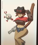  absurd_res annoyed anthro armwear belly belt bent_arm bent_leg big_breasts blue_bottomwear blue_clothing blue_jeans blue_pants bottomwear breasts brown_hair claws clothed clothed_anthro clothed_female clothing collared_shirt cowboy_hat cowgirl_outfit crop_top curvy_figure cyclops denim denim_bottomwear denim_clothing dress_shirt duo falling felid feline female finger_claws fur gameoverse glitch_productions gloves gold_(metal) gun gun_arm hair handgun handwear hat headgear headwear hi_res holding_clothing holding_hat holding_headgear holding_headwear holding_object hourglass_figure jeans kaboodle_(gameoverse) kit_bodega long_tail looking_at_another looking_down machine male mammal metal open_mouth pants poncho purple_eyes raised_arm raised_tail ranged_weapon red_clothing revolver robot robotic_arms shirt short_hair simple_background star_symbol tail tan_body tan_fur teeth thekeepofcat tongue topwear weapon weapon_arm whiskers wide_hips 