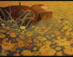  1boy amputee ant_tenna artist_logo artist_name blurry blurry_foreground broken_tv chromatic_aberration clothed_robot commentary crack cracked_glass crt darkokrash death deltarune depth_of_field english_commentary field film_grain flower flower_bed flower_field from_side grass highres jacket letterboxed logo lying male_focus object_head on_ground on_stomach orange_flower outdoors radio_antenna red_jacket robot solo spoilers television torn_clothes torn_jacket torn_sleeve utdr_(toby_fox) wire yellow_flower 