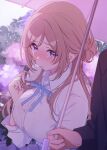  1boy 1girl absurdres blue_eyes blue_ribbon blurry blurry_background blush bra_visible_through_clothes breasts brown_hair closed_mouth collared_shirt commentary_request flower gakuen_idolmaster hair_bun hatsuboshi_gakuen_school_uniform hetero highres himesaki_rinami holding holding_umbrella hydrangea idolmaster kirizuki_reika large_breasts long_hair long_sleeves neck_ribbon nose_blush out_of_frame outdoors playing_with_own_hair producer_(idolmaster) rain ribbon school_uniform see-through_clothes see-through_shirt shared_umbrella shirt shy single_hair_bun twirling_hair umbrella white_shirt 