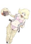  1girl blonde_hair blue_eyes bodysuit bra breasts burger commentary_request dutch_angle earth_federation eating fluffy_hair food food_in_mouth groin gundam helmet holding holding_unworn_helmet lingerie mecha_pilot_suit medium_hair mobile_suit_gundam navel normal_suit_(gundam) open_bodysuit open_clothes panties pink_bra pink_panties putting_on_bodysuit saitani_umetarou sayla_mass simple_background solo stomach underwear unworn_headwear unworn_helmet white_background 