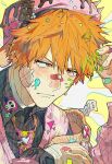  1boy bandaged_hand bandages bandaid bandaid_on_cheek bandaid_on_face bandaid_on_finger bandaid_on_hand bandaid_on_nose bleach blood blood_on_hand blue_paint blush brown_eyes checkered_clothes checkered_shirt chocolate closed_mouth commentary food fruit green_paint grey_shirt hair_between_eyes hair_ornament hairclip highres jacket kurosaki_ichigo male_focus necktie orange_hair orange_jacket paint_in_hair paint_splatter paint_splatter_on_face pink_hair pink_necktie pink_vest shirt short_hair simple_background skull solo spiked_hair spiked_hat splatter_background star_(symbol) star_hair_ornament strawberry tag too_many_hair_ornaments untranslatable_commentary upper_body vest yatongko0707 yellow_background 