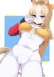  1girl animal_ears ass_visible_through_thighs asymmetrical_jacket blonde_hair blue_eyes bodysuit bodysuit_under_clothes cameltoe closed_mouth commentary_request covered_nipples covered_underboob cropped_jacket deto durandal_(chevalier_fidele)_(umamusume) durandal_(umamusume) ear_covers epaulettes frilled_bodysuit highres horse_ears horse_girl horse_tail looking_at_viewer simple_background single_ear_cover skin_tight smile solo tail umamusume white_bodysuit yellow_tail 