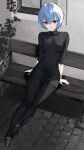  1girl absurdres ayanami_rei black_dress black_pantyhose blue_hair breasts commentary_request dress highres looking_at_viewer marumai medium_breasts neon_genesis_evangelion on_bench pantyhose red_eyes shoes short_hair sitting solo thigh_gap 