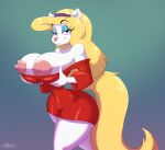  animaniacs anthro areola bedroom_eyes big_breasts biped blonde_hair breasts clothed clothing dress eyelashes female hair hi_res holding_breast mammal minerva_mink mink mustelid musteline narrowed_eyes nipples pupils red_clothing red_dress schwoo seductive simple_background smile solo thick_thighs true_musteline warner_brothers white_body wide_hips 