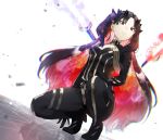  1girl black_bodysuit black_bow black_eyes black_gloves black_hair bodysuit bow breasts cleavage_cutout closed_mouth dutch_angle energy_sword fate/grand_order fate_(series) floating_weapon full_body giji_(gishi2186) gloves hair_bow horns ishtar_(fate/grand_order) long_hair looking_at_viewer multicolored_hair red_hair reflective_floor small_breasts smile solo space_ishtar_(fate) squatting sword two-tone_hair two_side_up very_long_hair weapon 