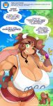  2019 anthro ask_blog big_breasts bovid bovine bracelet braided_hair breasts brown_body brown_fur brown_hair cattle chalo cleavage clothed clothing curvy_figure dialogue english_text female fur green_eyes hair hand_on_hip hi_res horn huge_breasts jewelry las_lindas long_hair looking_at_viewer mammal midriff mora_linda muscular muscular_female navel nipple_outline one_eye_closed outside patreon solo standing text thick_thighs url voluptuous webcomic wide_hips wink 