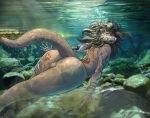  anthro backsack balls big_butt bubble butt caustics girly green_eyes hair long_hair lutrine male mammal mustelid nude prosthetic_arm prosthetic_leg solo tattoo thick_thighs underwater water wide_hips zorro_re 
