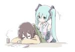  2girls aqua_eyes aqua_hair bare_shoulders black_sleeves blanket brown_hair closed_eyes coffee_mug commentary cup desk detached_sleeves grey_shirt hair_ornament hatsune_miku holding_blanket long_hair looking_at_another master_(vocaloid) mug multiple_girls nejikyuu paper shirt shoulder_tattoo sleeping sleeveless sleeveless_shirt smile steam straight_hair sweater tattoo twintails very_long_hair vocaloid yellow_sweater 