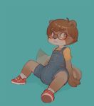  blue_background blush brown_body brown_fur brown_hair clothed clothing cub diaper eyewear fur glasses hair hi_res male mammal overalls procyonid raccoon ringtail simple_background skidoo sneakers solo young 