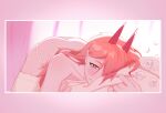  absurd_res blush blush_lines chainsaw_man clothing cross_pupils dayteghoul eyelashes female front_view hair hair_over_eye hi_res horn horned_humanoid humanoid legwear long_hair looking_at_viewer lying on_front orange_eyes panties pink_hair power_(chainsaw_man) red_horn smile solo stockings tan_body tan_skin thick_thighs underwear white_clothing white_legwear white_panties white_stockings white_underwear wide_hips 