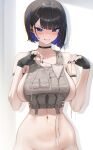  1girl absurdres black_choker black_gloves black_hair black_nails blue_eyes blue_hair blush bob_cut breasts brown_dust_(series) brown_dust_2 choker collarbone colored_inner_hair commentary_request fingerless_gloves fingernails gloves groin highres jeon-eo_konoshiro large_breasts looking_at_viewer luvencia_(brown_dust) mole mole_under_eye multicolored_hair nail_polish out-of-frame_censoring short_hair solo two-tone_hair 