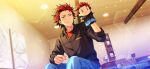  1boy belt belt_buckle black_belt black_hair black_shirt buckle buttons ceiling_light chair collared_shirt desk_lamp dress_shirt earrings ensemble_stars! game_asset green_eyes grin hand_puppet hand_up indoors jewelry kiryu_kuro lamp layered_clothes long_sleeves male_focus multicolored_hair official_art open_collar pants puppet red_hair shelf shirt short_hair smile solo spotlight_time_(ensemble_stars!) streaked_hair stud_earrings third-party_source two-tone_hair watch wing_collar wristwatch 