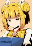  1girl :o blonde_hair blush commentary_request custom30193 double_bun hair_bun hair_ribbon haniwa_(statue) highres joutouguu_mayumi looking_at_viewer musical_note orange_background polka_dot polka_dot_background ribbon short_hair solo touhou upper_body variant_set white_ribbon yellow_eyes 
