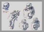  alternate_vehicle assault_rifle back cable commentary_request concept_art exposed_internal_machinery gun gundam kou_(mechalog) mecha mecha_focus mobile_suit mobile_suit_gundam monochrome multiple_persona no_humans one-eyed_mecha original portrait redesign rifle robot science_fiction shield sketch translation_request upper_body weapon zaku_ii zeon 
