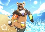  2019 african_wild_dog anthro beach belly black_nose blush bottomwear brown_body brown_eyes brown_fur canid canine clothing darius_davis dessert detailed_background digital_media_(artwork) food fur hair hi_res jewelry loneliestbara looking_at_viewer male mammal multicolored_body multicolored_fur nipples open_mouth outside pecs piercing popsicle pubic sand sea seaside sky smile solo swimwear teeth tongue water 