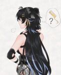  1girl bare_shoulders black_bow black_hair bow breasts closed_mouth commentary earrings elbow_pads english_commentary female_rover_(wuthering_waves) hair_bow hair_down hair_ribbon hand_on_own_hip hand_up jewelry kyrus_hiki long_hair medium_breasts profile puff_of_air ribbon rover_(wuthering_waves) solo triangle_earrings upper_body wuthering_waves yellow_ribbon 