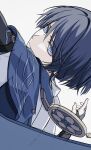  1boy :3 armor bishounen black_bridal_gauntlets blue_cape blunt_ends bridal_gauntlets bright_pupils cape closed_mouth derivative_work eyeliner fingernails genshin_impact gold_ring grey_hair hand_up highres japanese_armor japanese_clothes kimono kote kurokote makeup male_focus middle_ring nezumi0814 purple_eyes red_eyeliner scaramouche_(genshin_impact) scene_reference side_cape sideways smile solo split_mouth tsurime wanderer_(genshin_impact) white_background white_kimono white_pupils white_trim wispy_bangs 