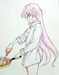  1girl bra breasts closed_mouth cooking green_bra green_eyes hair_between_eyes hair_down holding holding_pan holding_spatula long_hair long_sleeves maria_cadenzavna_eve medium_breasts naked_shirt open_clothes open_shirt photoshop_(medium) pink_hair senki_zesshou_symphogear shirt simple_background sleeves_rolled_up smile solo spatula tomosoraaki traditional_media underwear upper_body very_long_hair wavy_hair wavy_sidelocks white_background white_shirt 