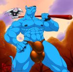  2019 5_fingers abs anthro balls biceps biped black_nose blue_body blue_skin bulge canid canine canis clothed clothing domestic_dog eyebrows fingerpads fingers hand_on_hip hungothenomster koris_(hungothenomster) low-angle_view male mammal muscular muscular_male muscular_thighs nipples pecs solo standing tight_underwear underwear weapon yellow_eyes 
