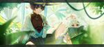  1boy 1girl absurdres aranara_(genshin_impact) arm_at_side arm_support armor belt black_belt black_bodysuit black_bow black_bridal_gauntlets black_cape black_eyes black_hair black_shorts blue_cape blue_gem blue_hat blue_jingasa blue_kimono blue_sleeves blunt_ends blurry bodysuit book border bow bridal_gauntlets bright_pupils canopy_(forest) cape closed_mouth covered_collarbone depth_of_field diamond_hair_ornament eyeliner feathers fingernails forest gem genshin_impact gold grey_border halo hat highres holding holding_book japanese_armor japanese_clothes jingasa juban kimono knee_up kote kurokote layered_sleeves long_sleeves looking_at_another makeup mandarin_collar mechanical_halo medium_hair nature open_book open_clothes open_kimono paimon_(genshin_impact) petals pink_halo piyansuke plant pom_pom_(clothes) purple_eyes purple_rope purple_sash reading red_eyeliner red_petals romper rope sash scaramouche_(genshin_impact) short_sleeves shorts shoulder_peek side_cape sitting sitting_on_branch smile tsurime vines vision_(genshin_impact) wanderer_(genshin_impact) watermark white_hair white_kimono white_pupils white_romper white_sleeves wispy_bangs yellow_feathers 