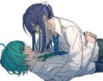  2boys ahoge aqua_hair arms_around_another's_waist belt blue_necktie closed_mouth collared_shirt ensemble_stars! gon_jiri green_necktie grey_pants hair_between_eyes half-closed_eyes hug interlocked_fingers kanzaki_souma long_hair long_sleeves looking_at_another lying lying_on_person male_focus motoyui multiple_boys necktie on_back on_stomach own_hands_clasped own_hands_together pants plaid_clothes plaid_pants ponytail purple_eyes purple_hair school_uniform shinkai_kanata shirt short_hair sidelocks simple_background smile white_background white_shirt yaoi yumenosaki_school_uniform 