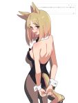  1girl animal_ears arms_behind_back back bare_shoulders blonde_hair blush breasts bright_pupils brown_pantyhose detached_collar from_behind highres horse_ears horse_girl horse_tail large_breasts leotard looking_at_viewer looking_back multicolored_hair narita_top_road_(umamusume) nontraditional_playboy_bunny open_mouth pantyhose pantyhose_under_leotard red_eyes short_hair sideboob simple_background smile solo strapless strapless_leotard streaked_hair tail tail_through_clothes umamusume wa_(wamizest7) white_background white_pupils white_streaks white_wrist_cuffs wrist_cuffs yellow_tail 