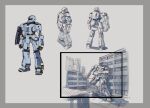  army building cable colored_lineart commentary_request concept_art gundam kou_(mechalog) mecha mecha_focus mobile_suit mobile_suit_gundam monochrome no_humans one-eyed_mecha original realistic redesign robot science_fiction shield zaku_i zaku_ii zeon 