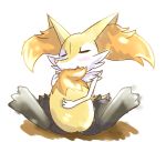  2017 3_fingers 3_toes ambiguous_gender anthro black_body black_fur blush braixen canid canine cute_fangs digital_media_(artwork) dipstick_tail eyes_closed fangs fingers fur holding_tail inner_ear_fluff mammal multicolored_tail nintendo nom pok&eacute;mon pok&eacute;mon_(species) simple_background sitting solo tail_nom toes tuft unknownlifeform video_games white_background white_body white_fur yellow_body yellow_fur 