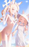  2girls absurdres animal_ears bare_shoulders bikini bird blonde_hair blue_archive blush chocowaffle choker closed_eyes collarbone double_v dress drill_hair elbow_gloves flat_chest fox_ears fox_tail gloves groin halo hat highres long_hair looking_at_viewer micro_bikini multiple_girls multiple_persona navel open_mouth parted_bangs prototype_design seia_(bikini)_(blue_archive) seia_(blue_archive) seia_(sundress)_(blue_archive) smile sun_hat sundress swimsuit tail thighhighs thighs twin_drills twintails v white_bikini white_choker white_dress white_gloves white_thighhighs yellow_eyes yellow_halo 