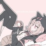 1girl animal_bag bag breasts brown_hair brown_skirt cat_bag collared_shirt danganronpa_(series) danganronpa_2:_goodbye_despair flipped_hair hair_ornament handheld_game_console holding holding_handheld_game_console hood jacket komanami_kawaii legs_up long_sleeves medium_hair nanami_chiaki neck_ribbon open_clothes open_jacket pink_bag pink_eyes pink_ribbon playing_games pleated_skirt ribbon shirt skirt solo thighhighs two-tone_shirt white_shirt 