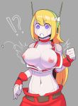  blonde_hair blush breasts button_pop cave_story clothing curly_brace female hair humanoid machine navel nickleflick nipples not_furry robot robot_humanoid simple_background solo video_games 