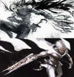  2boys absurdres animal_skull arm_mounted_weapon bird_skull black_background black_feathers black_pants blood blood_from_eyes cape choujin_x cuffs feathers fewer_digits glowing glowing_eye grin harpe higashi_azuma_(choujin_x) highres holding holding_weapon kurohara_tokio_(choujin_x) kyezzzz multiple_boys one-eyed pants shackles short_hair smile talons topless_male transformation very_long_cape weapon white_background white_cape white_hair white_pants 