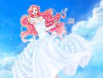 1girl :d blue_flower blue_rose blue_sky braid breasts choker cleavage cloud code_geass day detached_sleeves dress euphemia_li_britannia floating_hair flower highres kuon_yuu layered_dress long_dress long_hair long_sleeves looking_at_viewer medium_breasts open_mouth outdoors outstretched_arm pink_hair purple_eyes reaching_out rose sky sleeveless sleeveless_dress smile solo strapless strapless_dress very_long_hair wedding_dress white_dress white_sleeves 