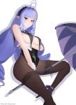  1girl absurdres ahoge arm_under_breasts bow bowtie breasts brown_pantyhose closed_mouth commentary drill_hair drill_sidelocks gem hairband harisen_w highres holding holding_umbrella long_hair looking_at_viewer medium_breasts pantyhose pointy_ears purple_bow purple_bowtie purple_gem purple_hair purple_hairband purple_shoes red_eyes shoes sidelocks simple_background umbrella vivian_banshee white_background zenless_zone_zero 