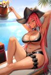  absurdres alcohol ammunition bandolier beer belt bikini bird black_bikini blue_sky breasts closed_mouth commentary cowboy_hat dark-skinned_female dark_skin english_commentary goddess_of_victory:_nikke hat highres large_breasts long_hair lying navel o-ring o-ring_top official_alternate_costume pink_hair pirate_hat seagull sky swimsuit thighs tongue tongue_out very_long_hair volume_(beat_the_gun)_(nikke) volume_(nikke) water wet white_bird woiow4724 yellow_eyes 