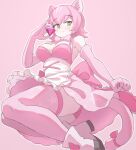  1girl animal_ears apron bow bowtie bra breasts cleavage diamond_(gemstone) elbow_gloves extra_ears gloves highres kemono_friends kemono_friends_3 large_breasts looking_at_viewer lowlandgorilla panther_ears panther_girl panther_tail peach_panther_(kemono_friends) pink_background pink_hair shoes short_hair simple_background skirt solo tail thighhighs underwear yellow_eyes 