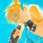  1boy a-shacho black_gloves blonde_hair blue_background blue_eyes bracelet dutch_angle fingerless_gloves gloves hair_ornament hairclip highres holding holding_microphone jewelry kagamine_len male_focus microphone open_mouth parallel_hairclips parted_bangs ponytail profile shirt short_ponytail simple_background single_glove solo spiked_bracelet spikes sweat upper_body v-shaped_eyebrows vocaloid white_shirt 