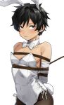  1boy :/ animal_ears black_hair blush bow bowtie brown_pantyhose commentary_request covered_navel cowboy_shot crossdressing crossdressing_(mtf) detached_collar elbow_gloves fake_animal_ears fake_tail gloves highres leotard looking_at_viewer m1_tsuru male_focus original oversized_breast_cup pantyhose rabbit_ears rabbit_tail short_hair side-tie_leotard simple_background solo strapless strapless_leotard tail white_background white_bow white_bowtie white_gloves white_leotard 