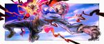  1boy absurdres artist_name atmosgear black_boots black_pants blue_neckerchief boots border clenched_hand cloud commentary_request eyewear_on_head goggles green_headband haki_(one_piece) headband highres jacket koby_(one_piece) looking_at_viewer male_focus midair neckerchief one_piece open_mouth pants pink_hair short_hair sky solo teeth white_border white_jacket zipper zipper_pull_tab 