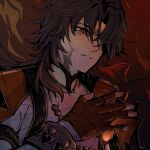  1boy arm_up bandaged_chest bandages black_hair blade_(honkai:_star_rail) bracelet brown_hair closed_mouth commentary curtained_hair earrings english_commentary fingerless_gloves frown gloves gradient_hair hair_over_one_eye highres honkai:_star_rail honkai_(series) jacket jewelry long_hair male_focus mandarin_collar mortenax_blade_(honkai:_star_rail) multicolored_hair official_alternate_costume one_eye_covered open_clothes open_jacket piercing red_eyes red_jacket rirzaa single_earring solo tassel tassel_earrings 