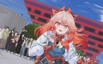  1girl :d arknights blue_shirt blue_sky blush bow china commentary_request crown dutch_angle earrings expo2010 gloves hair_bow haruka_(arknights) highres holding holding_microphone jacket jewelry long_hair long_sleeves microphone open_clothes open_jacket open_mouth oriental_crown outdoors pavilion pink_eyes pointy_ears red_bow red_gloves red_hair shanghai shirt sky smile solo upper_body white_jacket yamamura_saki 