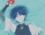  1boy arm_up armor black_bodysuit black_hair blue_eyes blue_sleeves bodysuit bridal_gauntlets closed_mouth covered_collarbone eyeliner flower from_above genshin_impact grey_bridal_gauntlets holding holding_flower japanese_armor japanese_clothes kimono kote kurokote layered_sleeves looking_at_viewer lying lying_on_water makeup male_focus mandarin_collar mpginyuu on_back open_clothes open_kimono portrait red_eyeliner red_flower ripples scaramouche_(genshin_impact) short_sleeves shoulder_peek solo tsurime twitter_username wanderer_(genshin_impact) watermark white_kimono white_sleeves wispy_bangs 