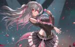  1girl :d belt black_belt black_choker black_crown black_shrug black_skirt breasts choker clothing_cutout commentary_request crossed_bangs crown crown_hair_ornament double-parted_bangs falling_petals floating_hair grey_hair grin hair_between_eyes hair_ornament hair_ribbon highleg highleg_leotard highres holding holding_microphone hololive hololive_dev_is isaki_riona isaki_riona_(flowglow_uniform) large_breasts layered_skirt leotard leotard_under_clothes long_hair long_sleeves looking_at_viewer maro2ki3 microphone mini_crown miniskirt multicolored_shrug official_alternate_costume official_alternate_hairstyle petals pink_ribbon pink_shrug pleated_skirt puffy_long_sleeves puffy_sleeves purple_eyes ribbon shoulder_cutout shrug_(clothing) skirt smile solo studded_belt textless_version tilted_headwear two-tone_shrug two_side_up virtual_youtuber white_skirt 