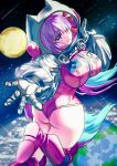  1girl absurdres astronaut bare_legs bb_(fate) bb_cosmo_(fate) boots breasts celeb_summer_experience! commentary_request earth_(planet) fate/grand_order fate_(series) floating_hair full_body gloves grey_gloves grey_shrug grey_sleeves helmet highres hooded_leotard jumpsuit large_breasts leotard long_hair long_sleeves looking_at_viewer moon open_hand outstretched_hand pink_boots pink_hood pink_jumpsuit pink_leotard planet purple_eyes purple_hair reaching reaching_towards_viewer shrug_(clothing) sky smile solo space space_helmet spacesuit spread_fingers star_(sky) starry_sky tarako_(pixiv_119321734) very_long_hair zero_gravity 