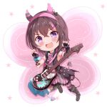  1girl :d asymmetrical_legwear black_boots black_gloves black_jacket blush boots brown_hair butterfly_wings chibi claw_pose commentary_request commission electric_guitar fake_horns fang fingerless_gloves full_body gloves grey_pantyhose guitar hair_between_eyes hairband highres horns insect_wings instrument jacket looking_at_viewer mismatched_legwear multicolored_hair ongeki open_clothes open_jacket pantyhose pink_hair pink_hairband pink_wings pixiv_commission purple_eyes rilu_rilu_fairilu simple_background skirt smile solo streaked_hair striped_clothes striped_pantyhose striped_skirt torn_clothes torn_pantyhose v-shaped_eyebrows vertical-striped_clothes vertical-striped_skirt white_background wings xenon_(for_achieve) yuuki_riku 