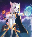  2019 angry anthro belt black_nose blizzard_entertainment braided_hair breasts cape clenched_teeth clothing cosplay dannyckoo felid feline female gloves hair handwear hi_res jaina_proudmoore lynx magic mammal pink_eyes raining solo teeth tresertf video_games warcraft water whisper_(whisperclaw) white_hair wide_hips 